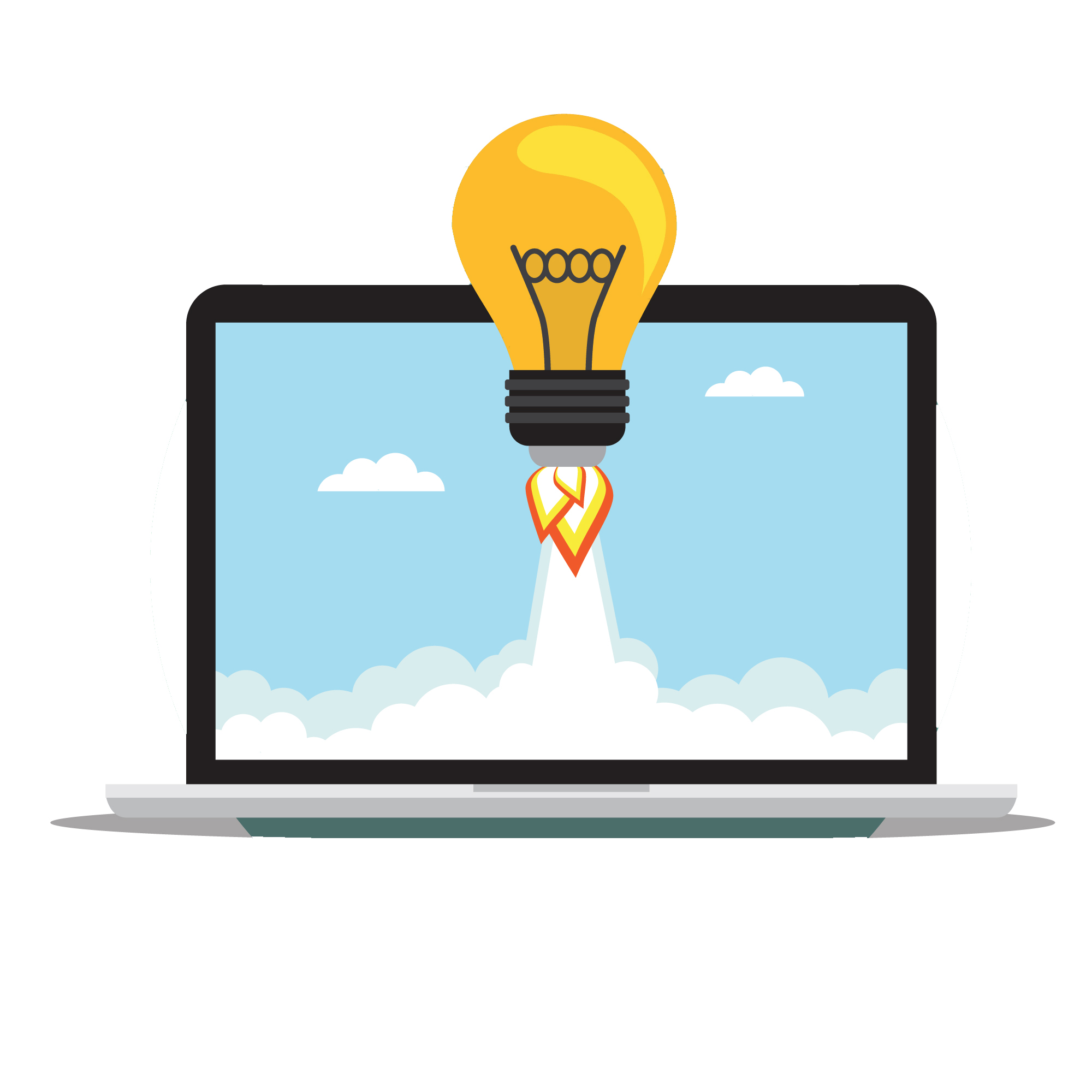 Bulb Rocket fly out the laptop. Vector illustration